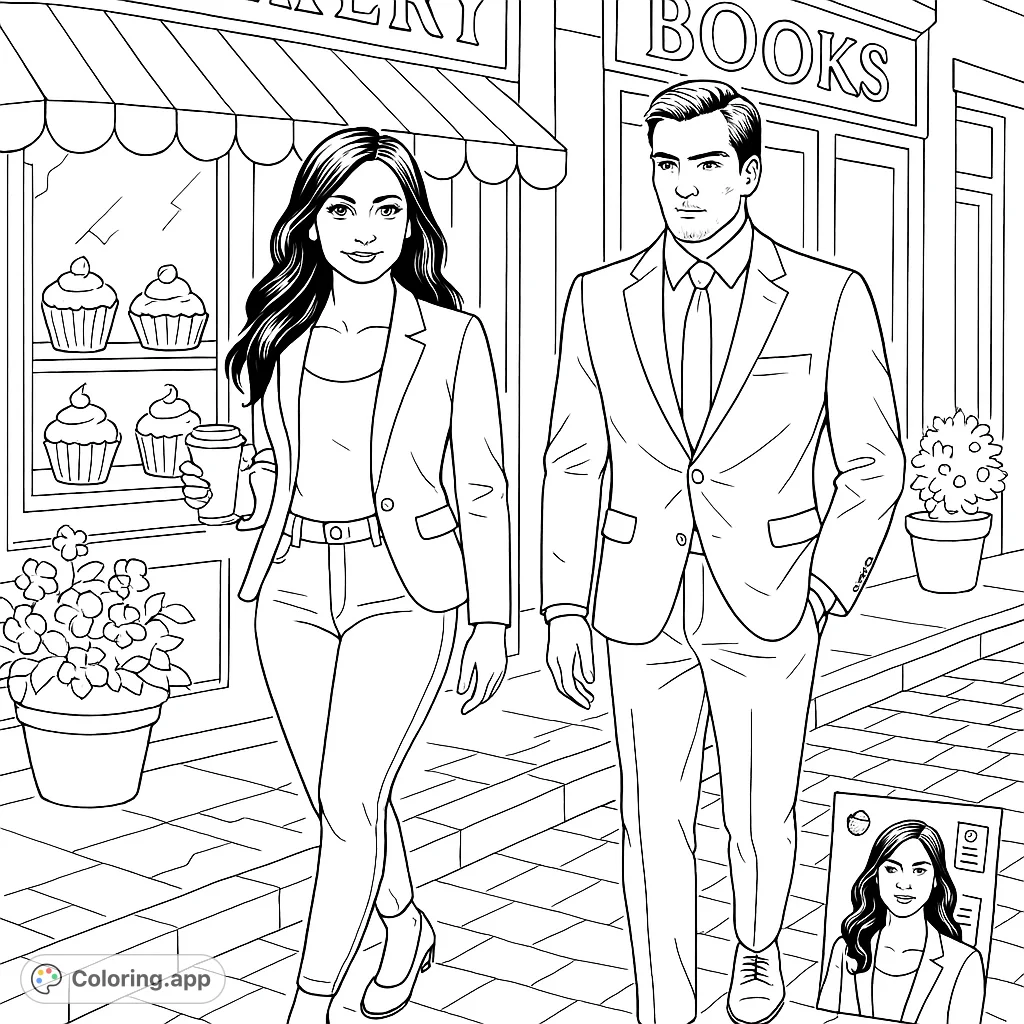 Stroll through a charming urban street scene featuring a stylish couple, a bakery, and a bookstore. Perfect for a relaxing coloring escape.