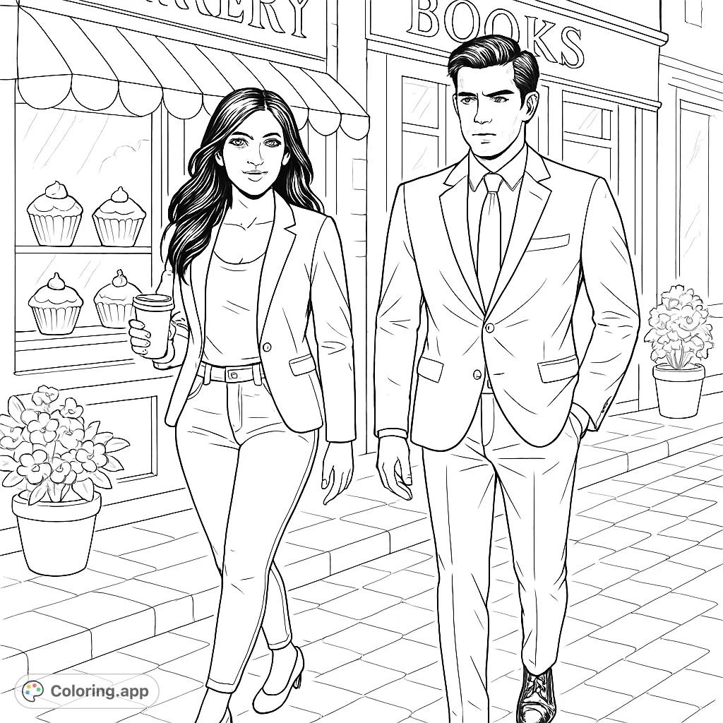 A stylish duo strolls past charming storefronts, a bakery and a bookstore, in a vibrant urban scene. Perfect for a relaxing coloring experience.