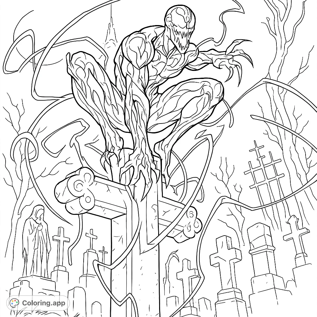 A menacing creature with tendrils perched on a stone cross in a spooky graveyard. Unleash your creativity on this thrilling scene.