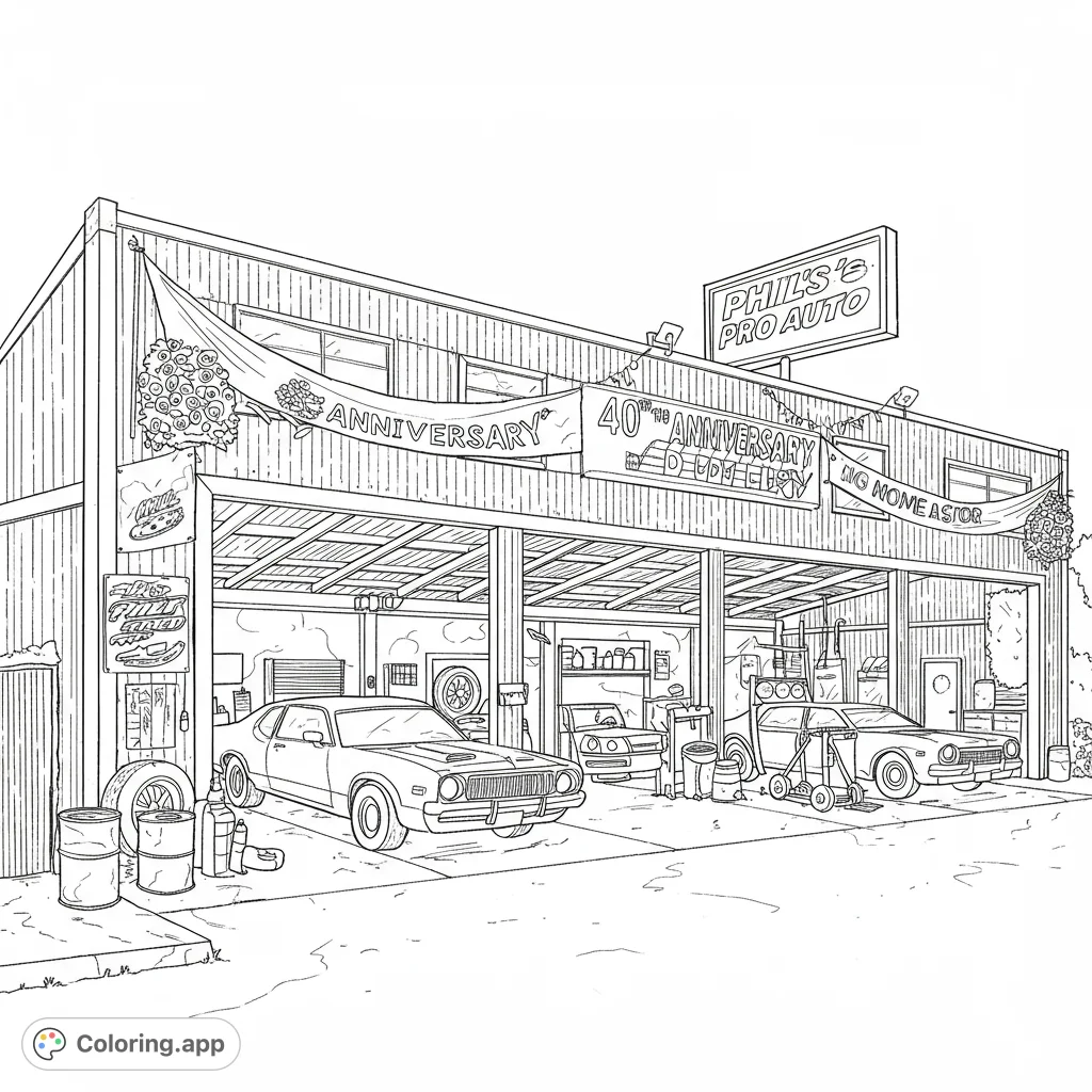 Celebrate Phil's Pro Auto's 40th anniversary! A detailed automotive repair shop scene with classic cars, tools, and festive decorations.