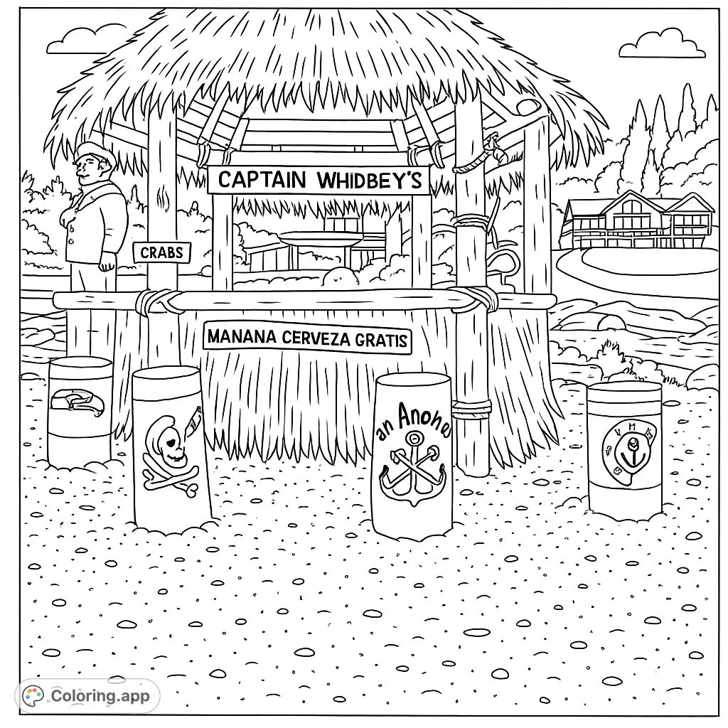Explore a charming beachside tiki bar with nautical details, captain and mermaid figures, and unique decorated posts. A fun, free printable coloring page.