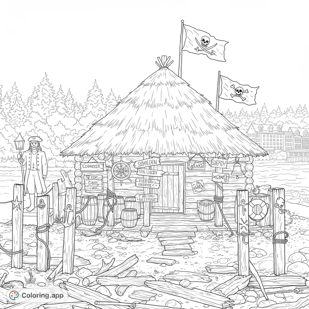 Explore a vintage pirate hideout on a pebbly beach, complete with a thatched hut, captain statue, and unique nautical posts. A free printable pirate hideout coloring page.