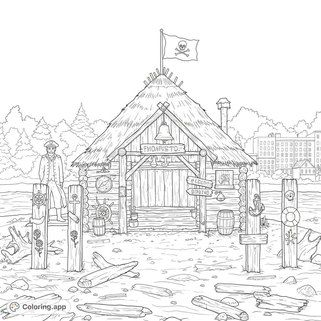 Explore a detailed pirate hut scene on a pebbly beach, featuring a sea captain statue, skull and crossbones flag, and unique decorative posts.