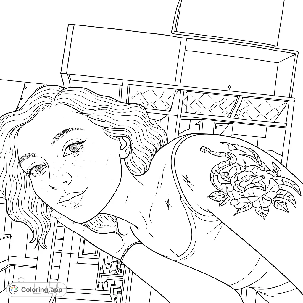 A captivating portrait featuring a person with a detailed snake and rose arm tattoo, set against a cozy indoor backdrop. Ideal for adult colorists.