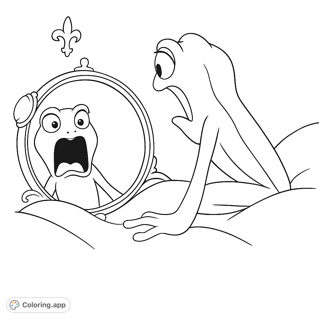 A surprised frog-like character gazes into a mirror, revealing a dramatic reflection. A fun, simple coloring page for all ages.