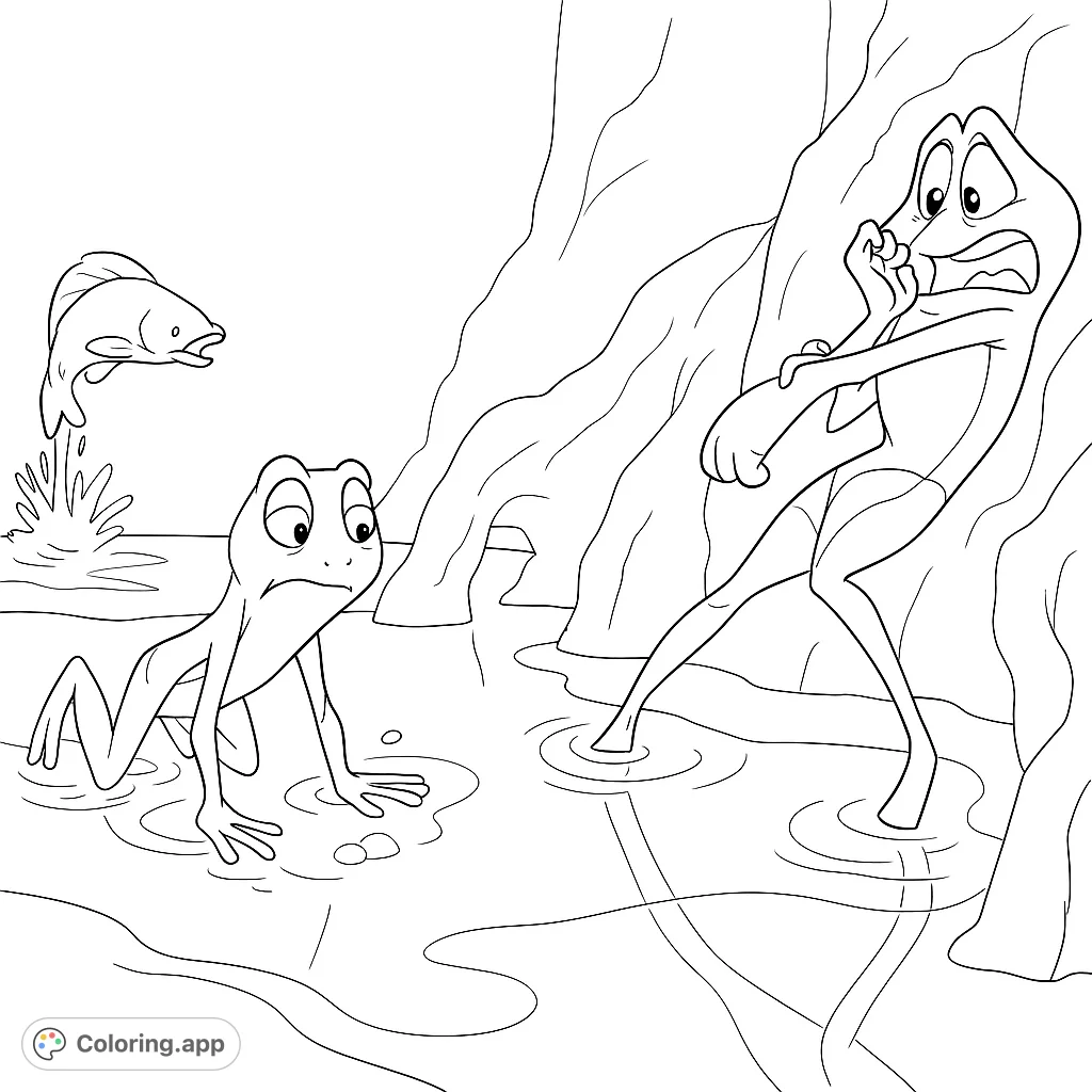 Two expressive frogs in a swampy scene, one curious, one startled by a small creature and a jumping fish. A fun, free printable frog coloring page.