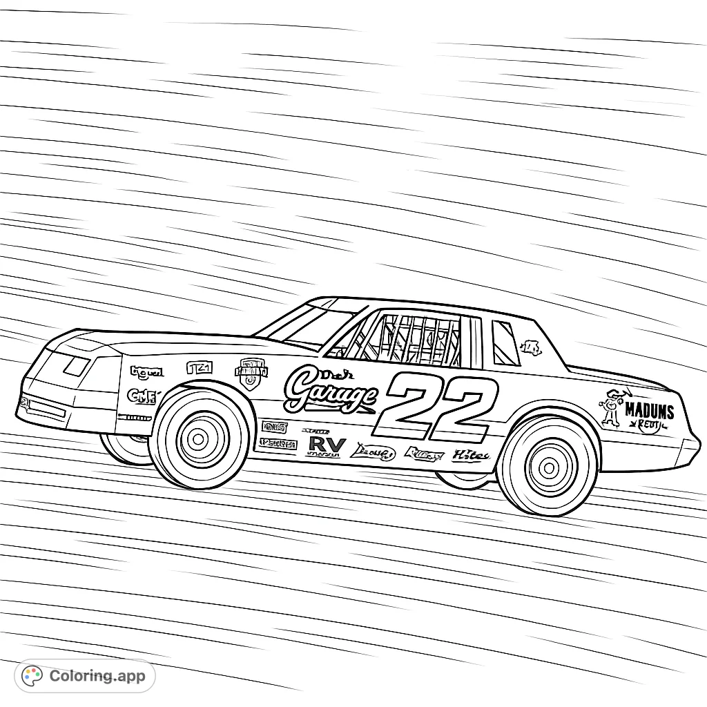 Experience the thrill of the race with this dynamic stock car coloring page. Features a detailed race car speeding on a dirt track with blurred background.