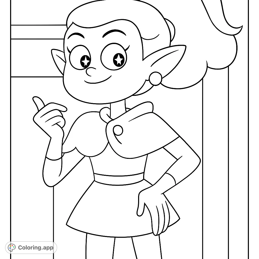 A delightful cartoon character with pointed ears and a high ponytail, smiling cheerfully. Perfect for imaginative coloring fun!
