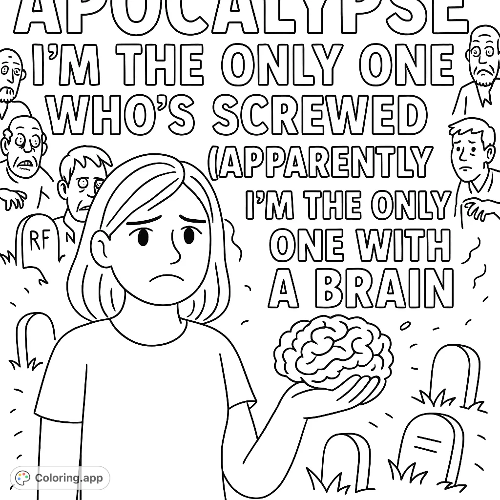 A humorous zombie apocalypse scene featuring a person holding a brain, surrounded by zombies and tombstones. Perfect for adult humor fans.