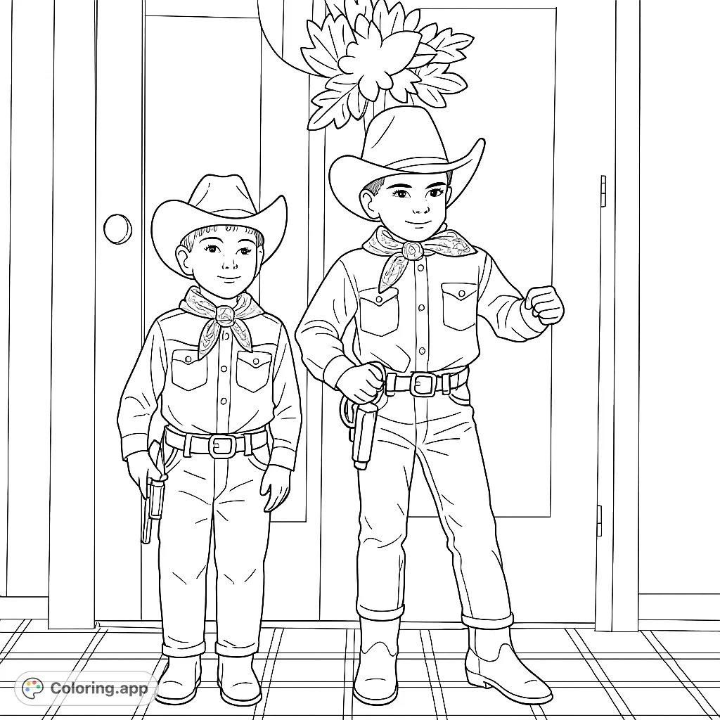 Two young cowboys ready for adventure! This free printable western coloring page features detailed outfits and a fun scene for kids.
