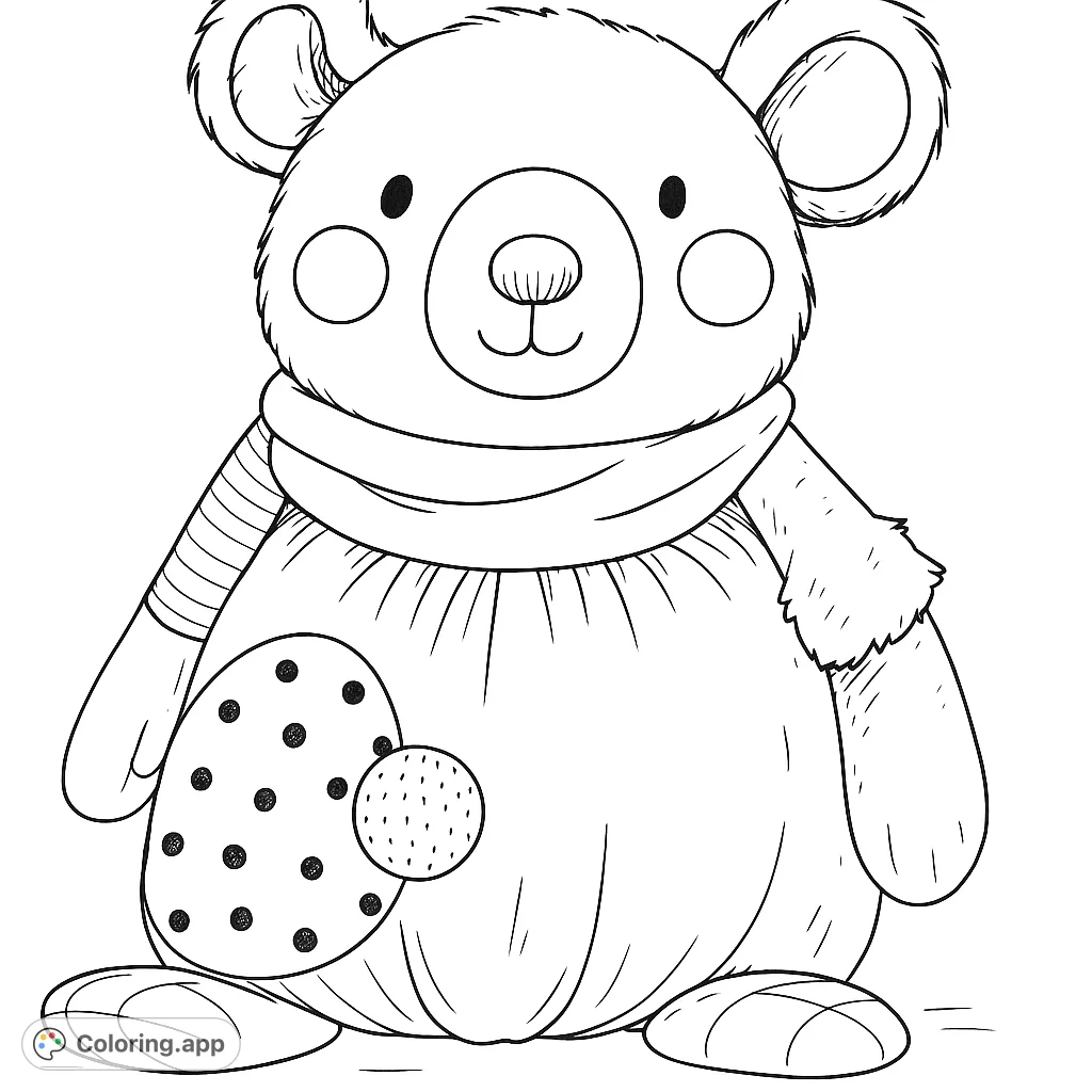 A delightful patchwork teddy bear, perfect for cozy coloring fun. Features unique textures and a friendly expression.