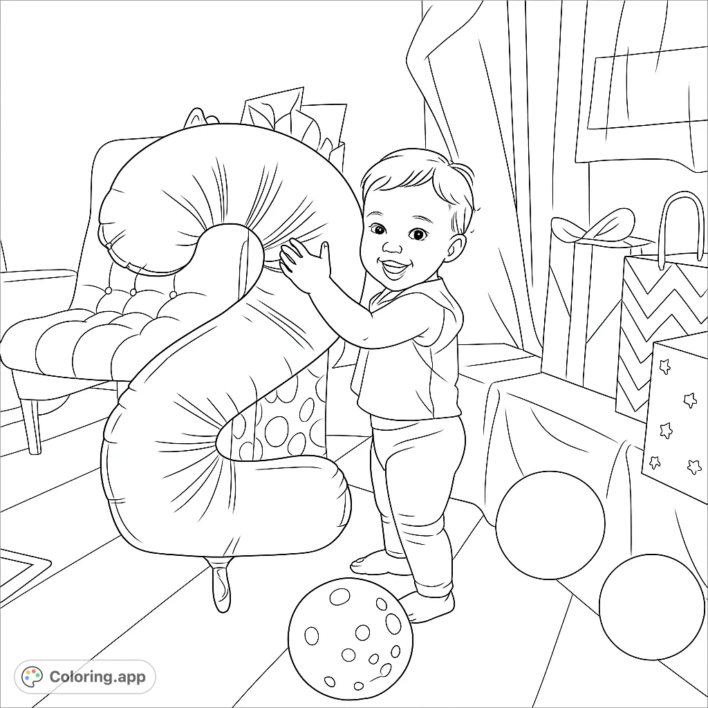 Celebrate a special milestone with this delightful birthday coloring page featuring a happy toddler holding a large number two balloon amidst party decorations.