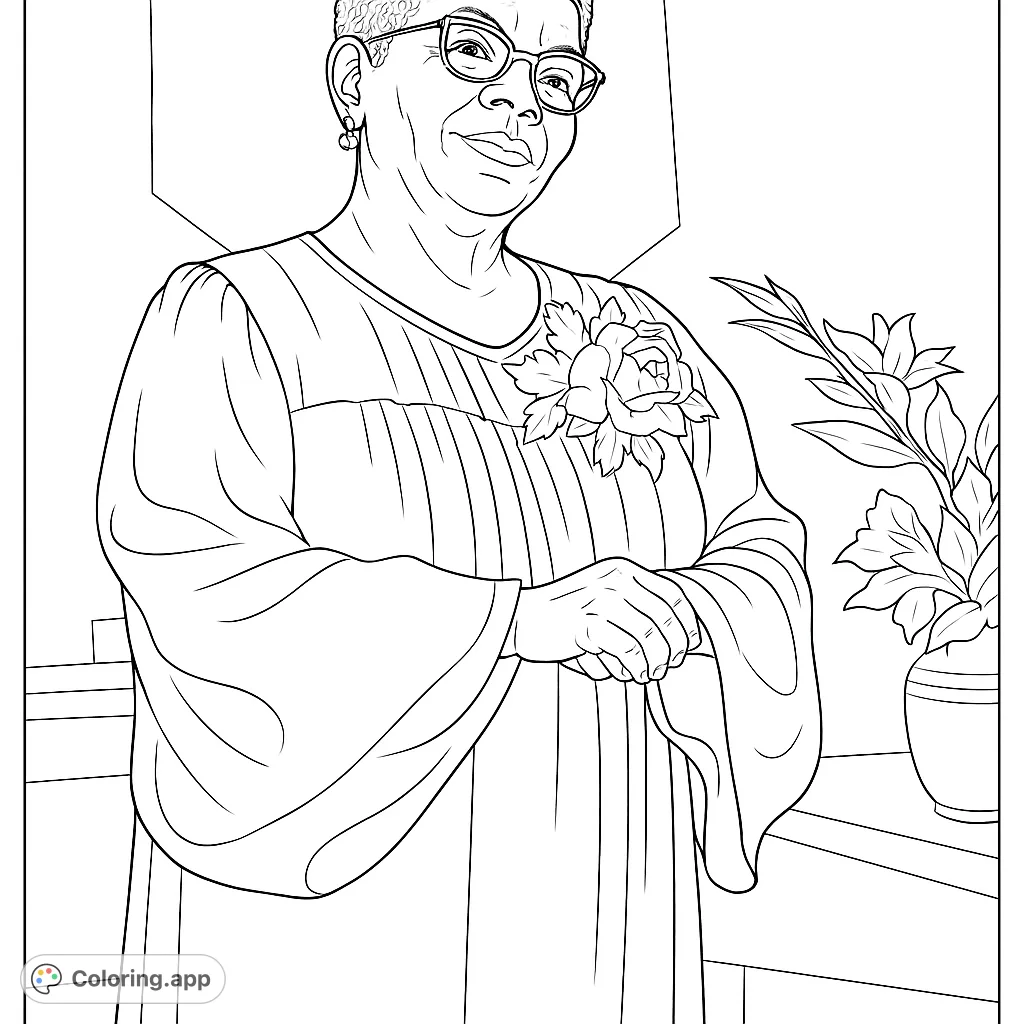 An elegant portrait of a dignified woman in a flowing garment, perfect for detailed coloring and capturing a sense of grace and timeless beauty.