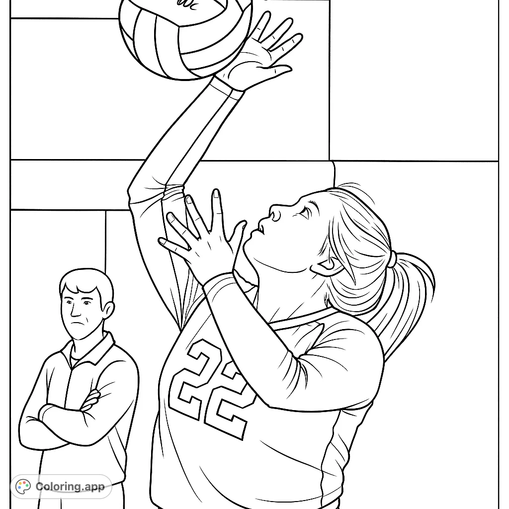 Capture the excitement of a volleyball match with this dynamic coloring page featuring a player setting the ball. Perfect for sports enthusiasts!