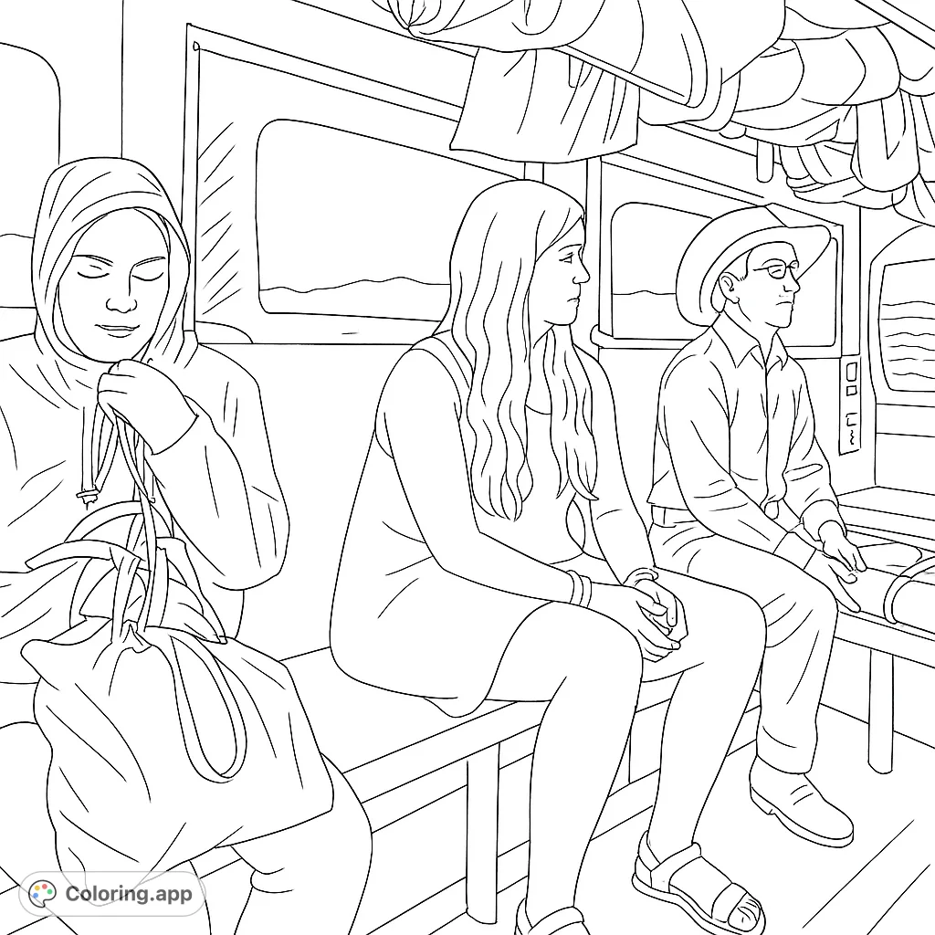 Color a boat journey scene featuring three individuals inside a cabin with views of water and distant land. A relaxing travel theme.