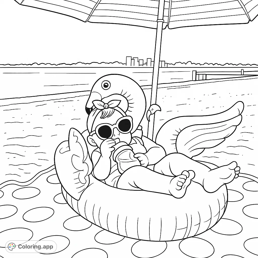 Adorable baby relaxing in a flamingo floatie on a sandy beach under a striped umbrella. Perfect for a fun, summery coloring adventure!