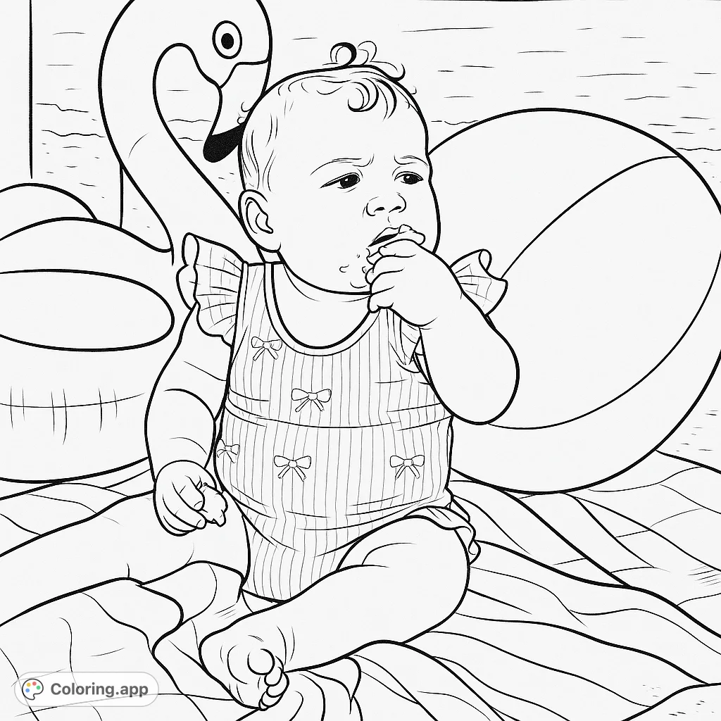 Adorable baby enjoying a beach day with inflatable toys, perfect for a fun and sweet coloring experience. Free printable beach baby coloring page.