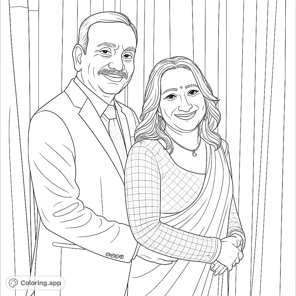 An elegant portrait of a smiling couple in formal attire, perfect for celebrating love and special occasions. A free printable coloring page.