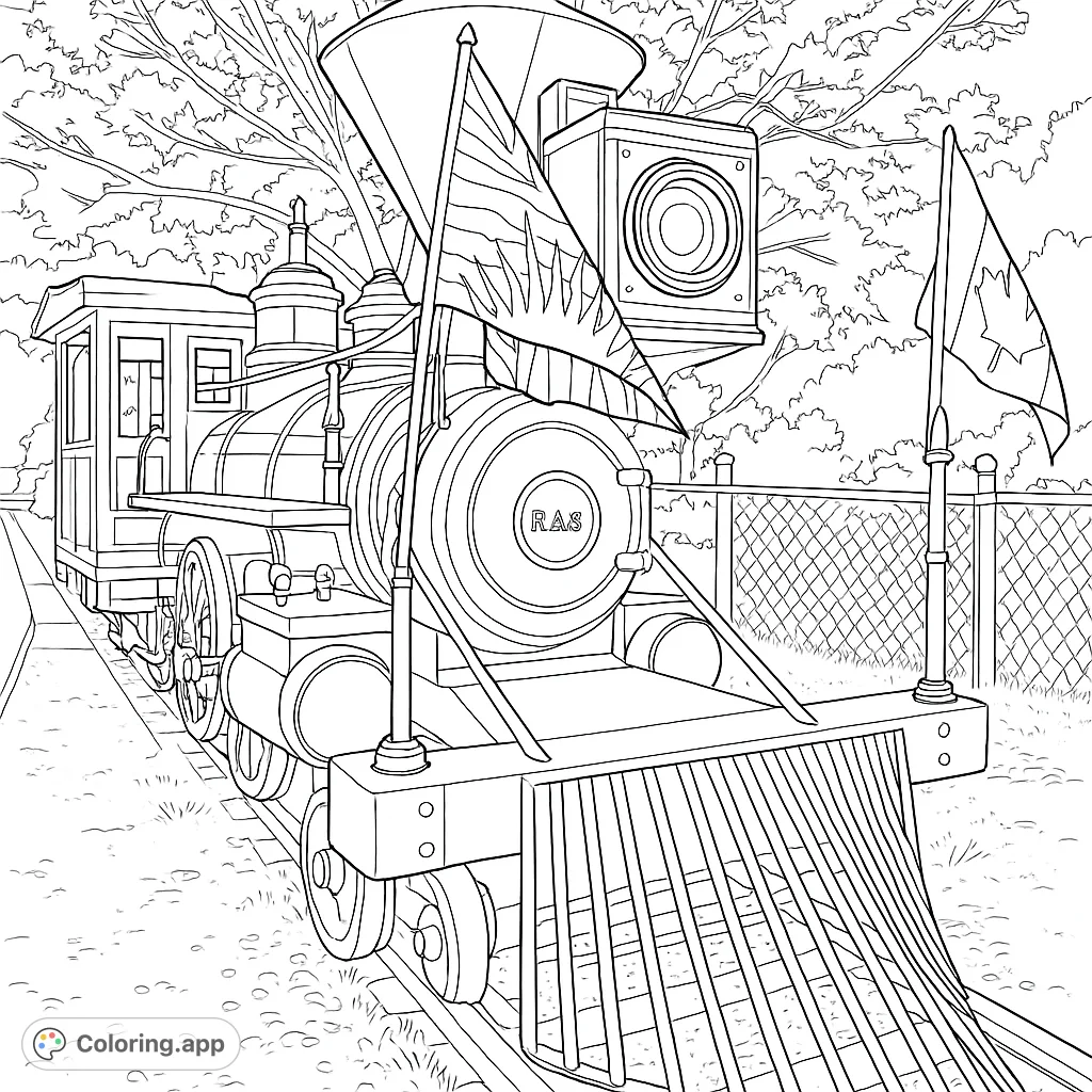 A detailed classic locomotive with flags, perfect for train enthusiasts. Explore intricate mechanical parts and a scenic outdoor setting.