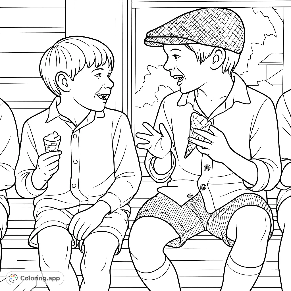 Two boys enjoying ice cream and lively conversation on a rustic bench. A delightful scene capturing childhood joy and summer fun.