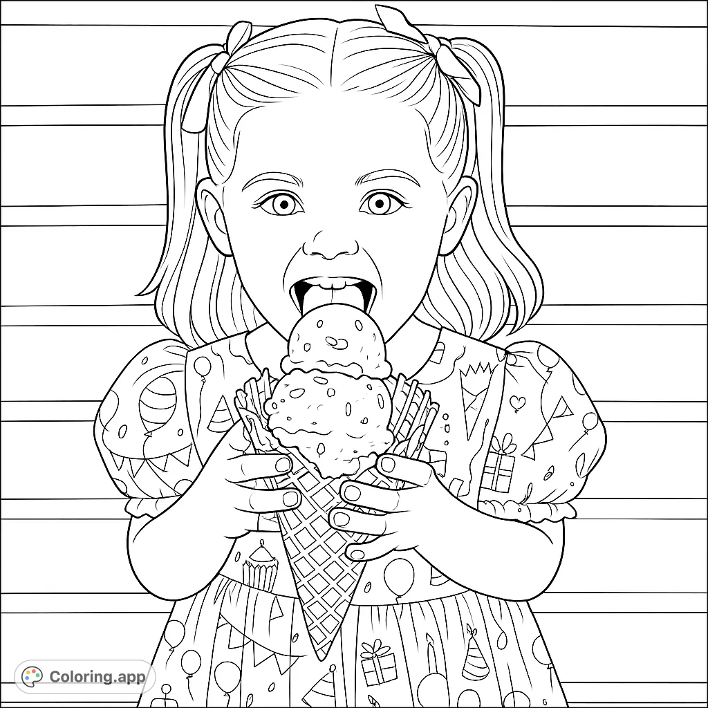 A delightful coloring page featuring a happy child about to enjoy a towering ice cream cone, perfect for a sweet and fun coloring experience.