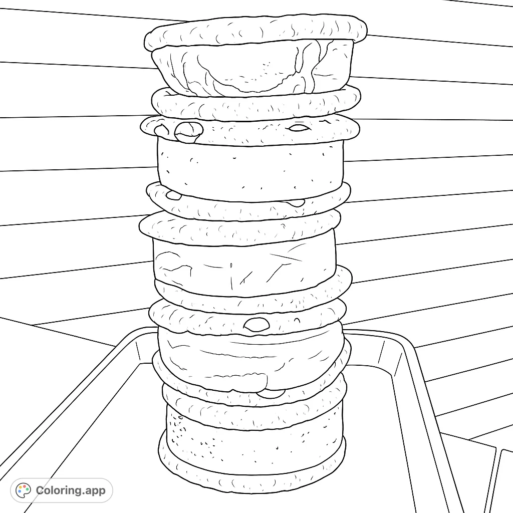 A towering stack of delicious ice cream sandwiches, perfect for a sweet coloring adventure. Explore textures and layers in this delightful dessert scene.