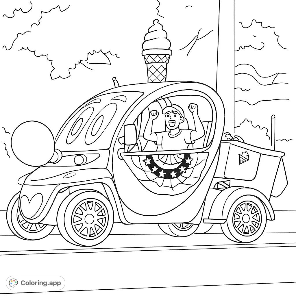Join the fun with this unique ice cream cart, complete with a giant cone and festive decorations. A joyful parade scene perfect for creative coloring!