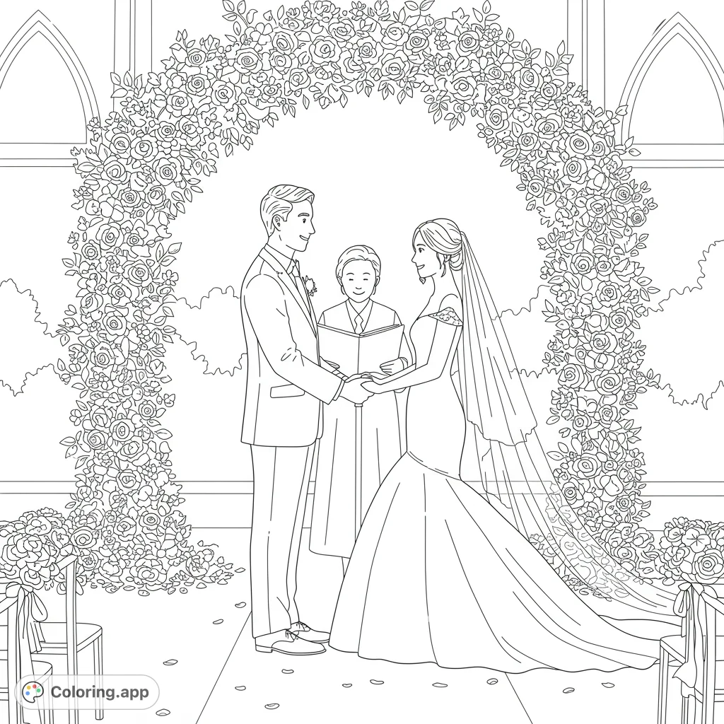 Celebrate love with this beautiful wedding scene featuring a happy groom and bride exchanging vows. Perfect for personalizing with names and dates.