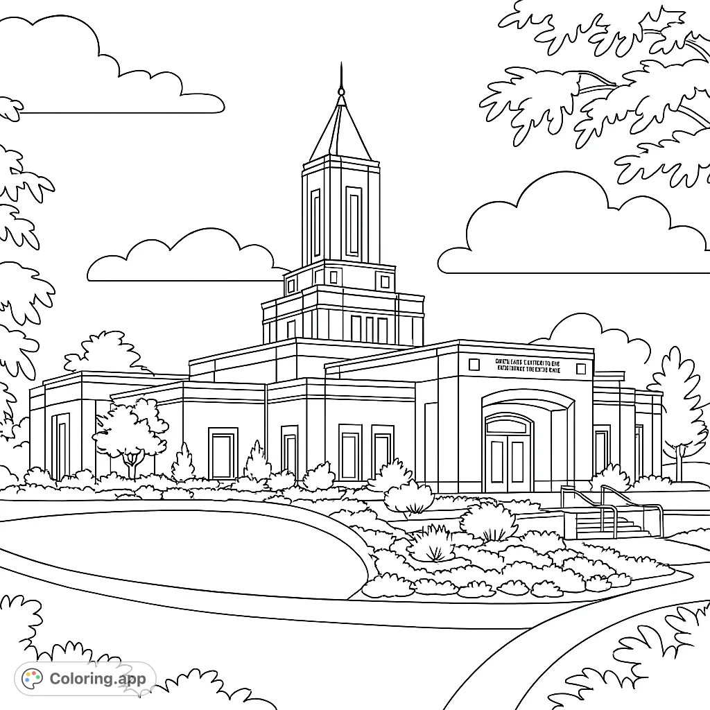 Color a majestic temple with a towering spire, surrounded by lush gardens and a serene landscape. A beautiful architectural and nature scene for all ages.