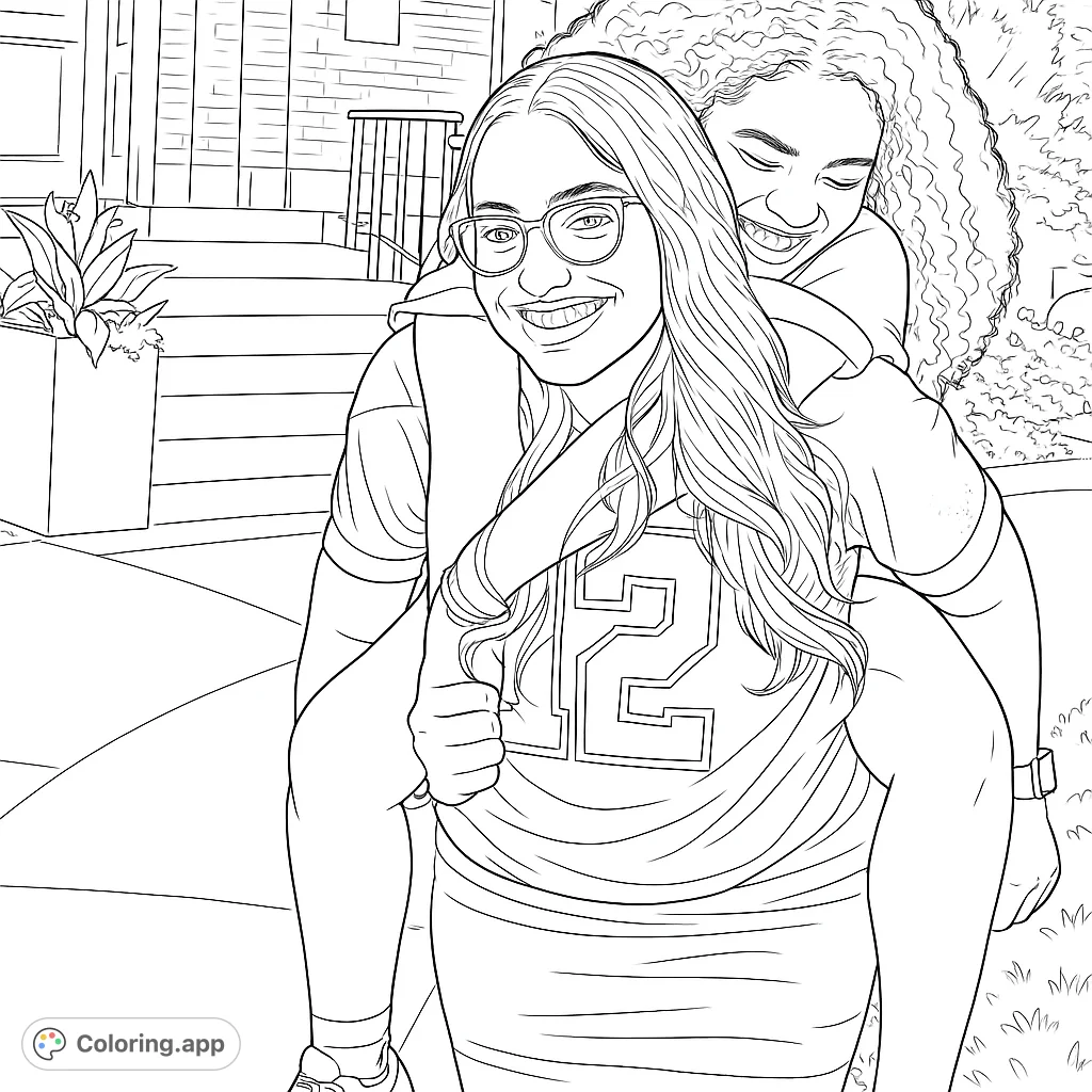Two smiling friends share a joyful piggyback ride, capturing a moment of fun and camaraderie. Perfect for a friendship coloring page.