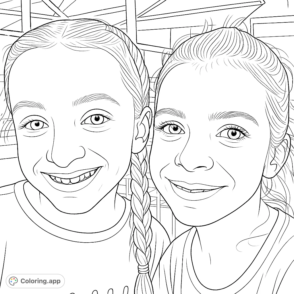 Capture the joy of friendship with this happy girls coloring page. Two smiling faces invite you to add your creative touch to their playful portrait.