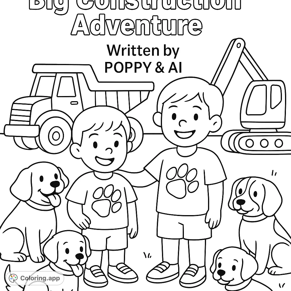 Join two boys and their four playful puppies on a construction site adventure with a dump truck and excavator. Perfect for young builders!