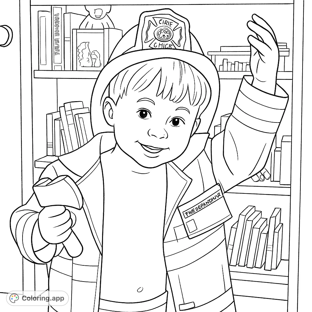 A charming coloring page featuring a young child dressed as a firefighter, ready for adventure. Perfect for aspiring heroes.