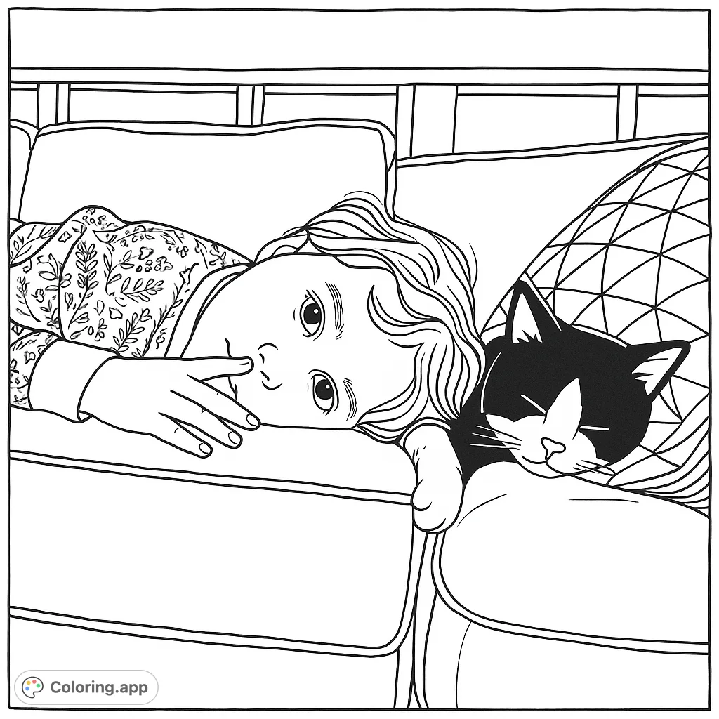 A heartwarming cozy child and cat coloring page, perfect for relaxation. Features a child and their feline friend resting on a couch, with intricate patterns to color.