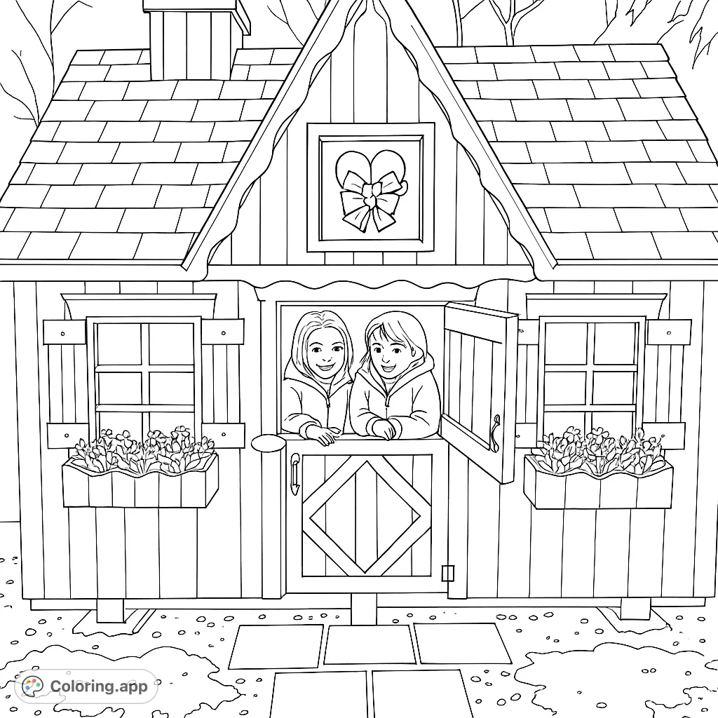 A delightful playhouse scene featuring two happy children peeking out, surrounded by charming details like flower boxes and a decorative roof. Perfect for imaginative coloring fun!