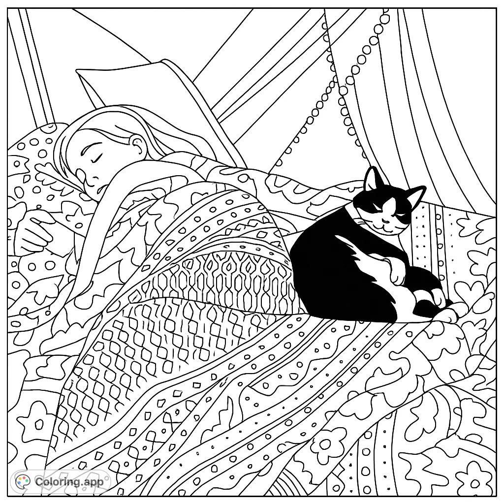 A heartwarming scene of a person and their cat peacefully sleeping together in a cozy bed, featuring patterned blankets and a serene atmosphere.
