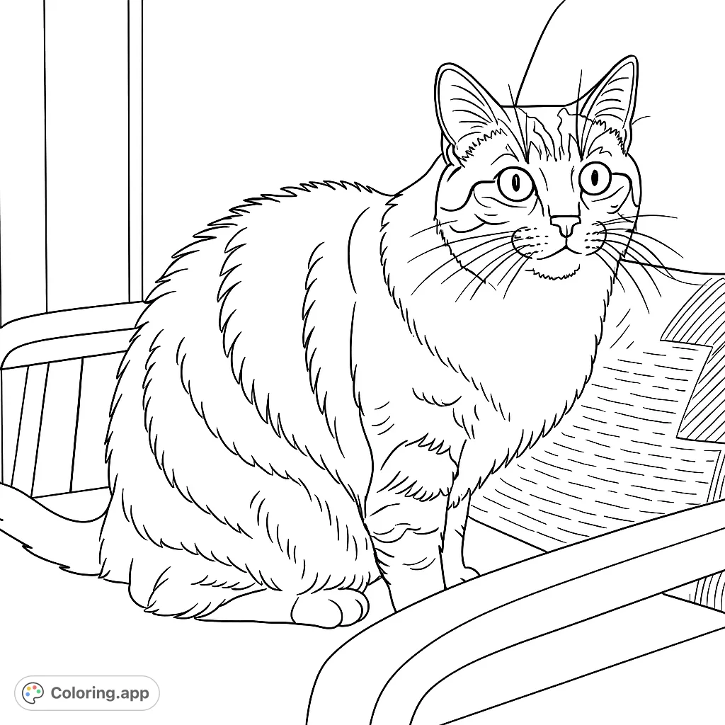 A charming tabby cat sits attentively on a chair, inviting you to add vibrant patterns and textures to its fur and the cozy home setting.