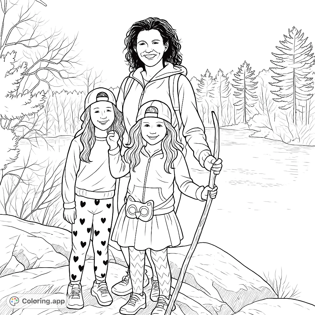 A heartwarming family hiking scene by a serene lake, perfect for a nature-themed coloring page. Features a woman and two girls on a rocky outcrop.