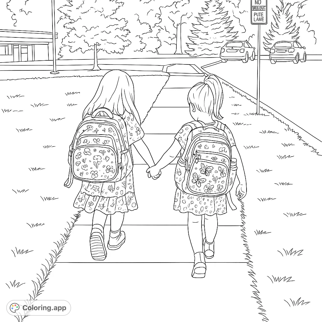 Two young friends with backpacks walk hand-in-hand on a path, ready for a new adventure. A heartwarming back-to-school scene.