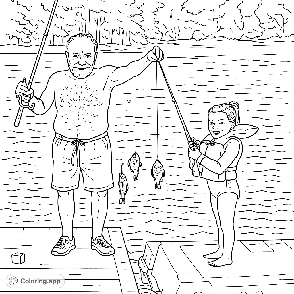 A heartwarming fishing scene featuring a grandpa and granddaughter on a dock, perfect for family fun and outdoor adventure coloring.