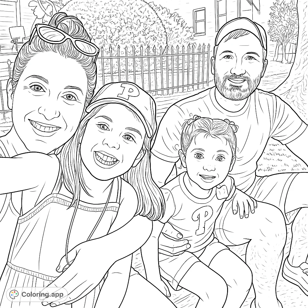 A joyful family of four enjoying an outdoor moment, perfect for a heartwarming coloring experience.