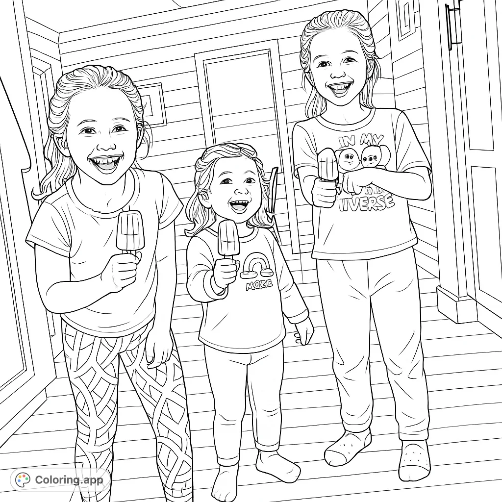 Three happy girls with popsicles, perfect for a fun and engaging coloring activity. A delightful scene for kids to bring to life!