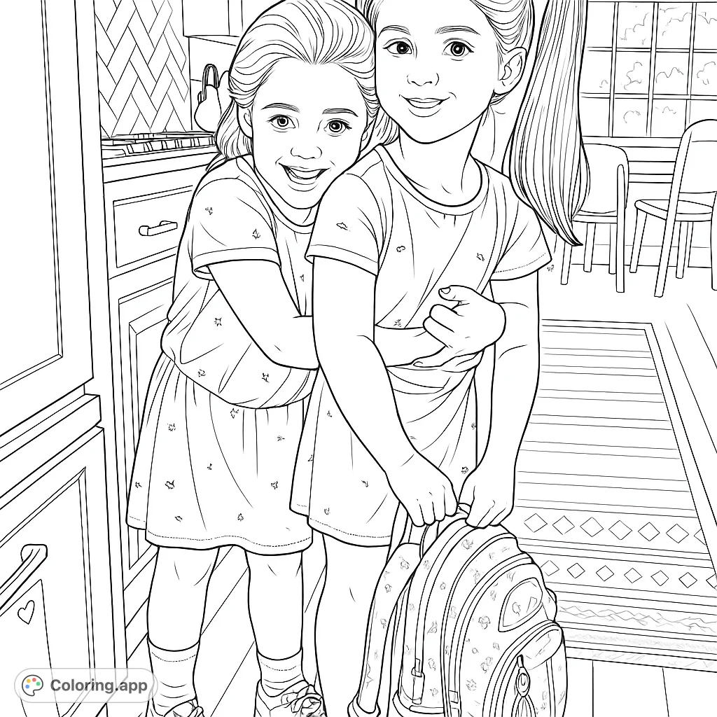 Two happy girls embracing, ready for an adventure with a patterned backpack. A heartwarming scene for young colorists.