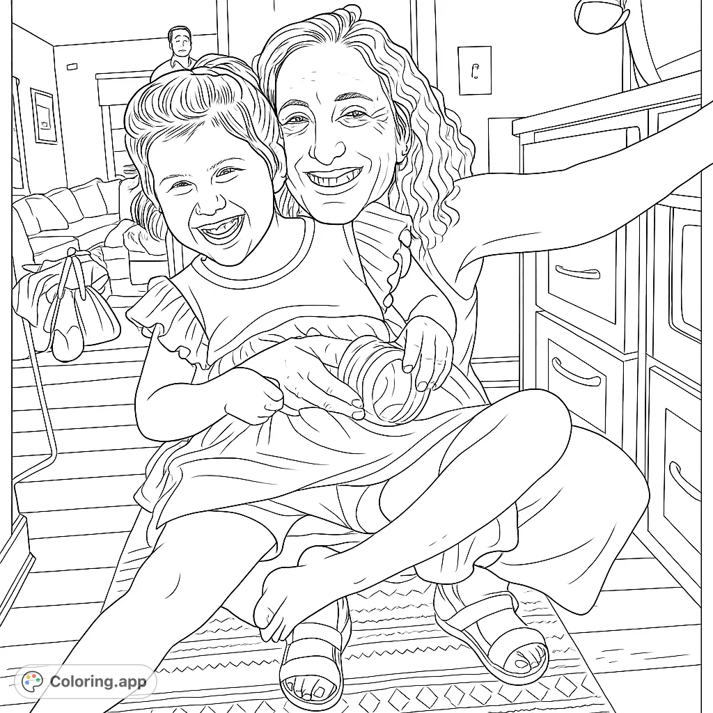 Capture a heartwarming moment of an adult and child sharing a joyful embrace. A delightful scene perfect for all ages to color and cherish.