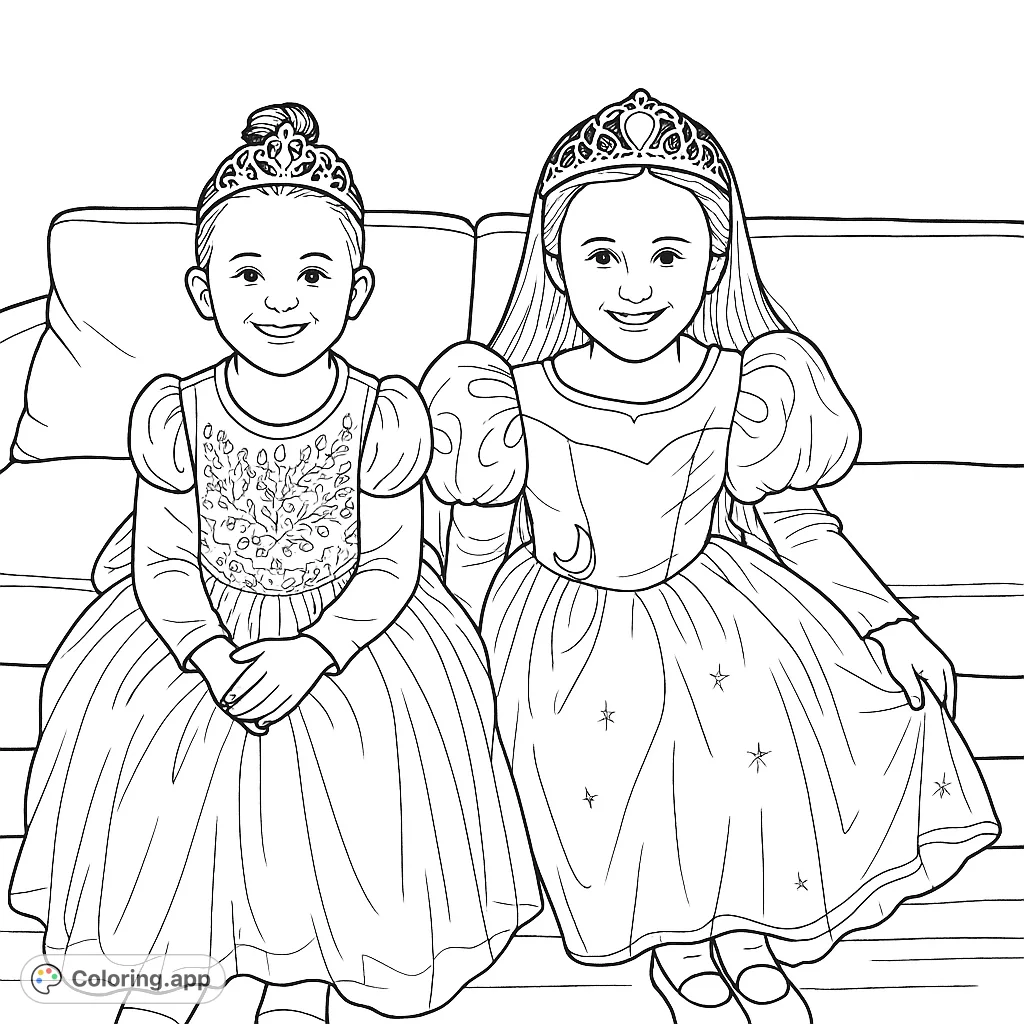 Two smiling girls in elaborate princess gowns and sparkling tiaras, ready for a royal adventure. A delightful princess coloring page for kids!