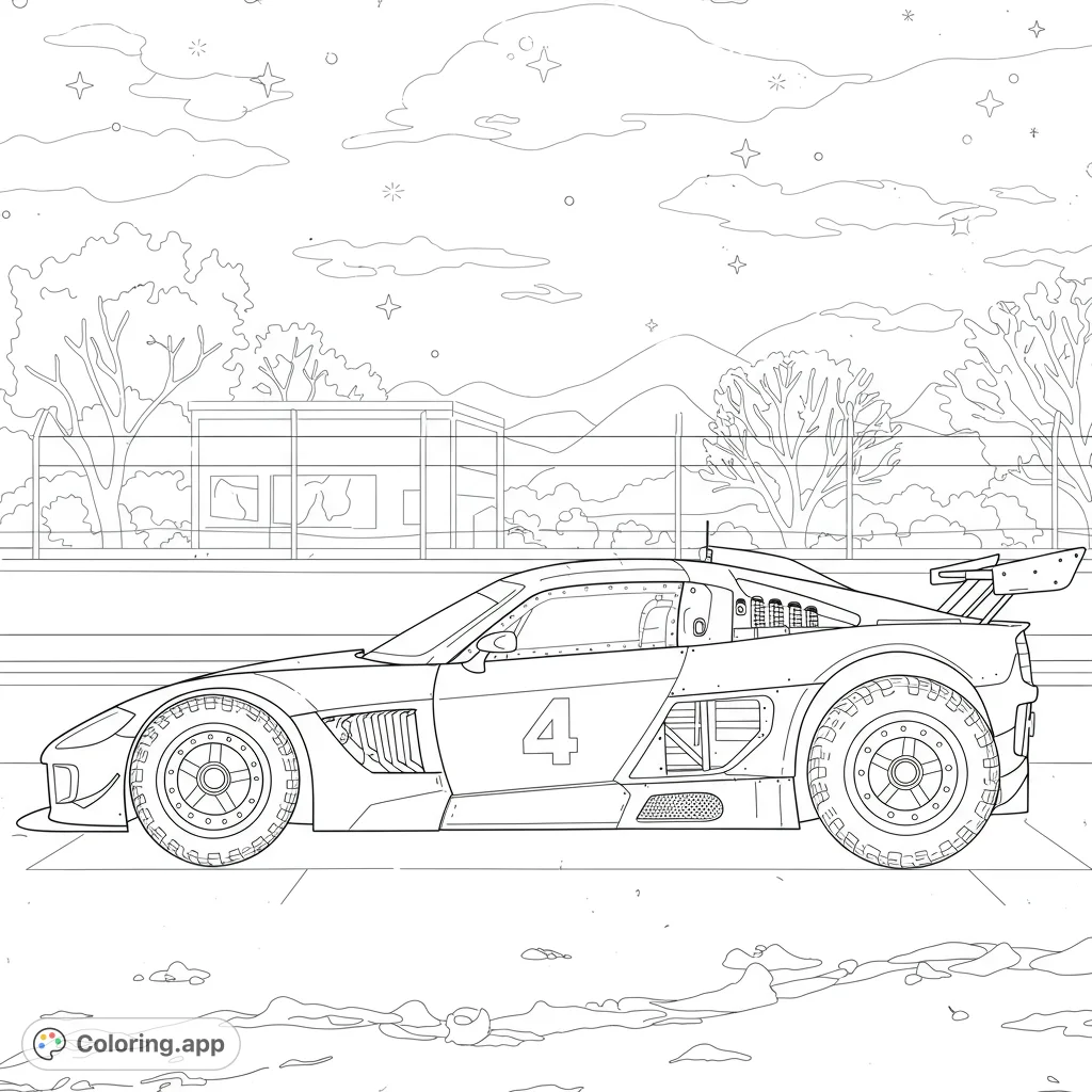 Unleash your creativity with this detailed race car coloring page, featuring a powerful vehicle with exposed chassis, robust wheels, and a unique checkered flag background.