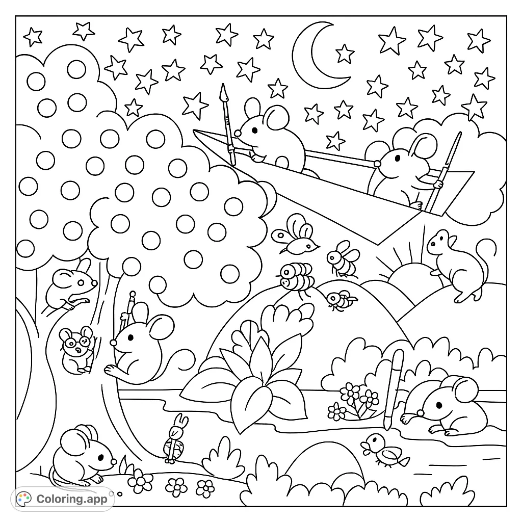 A whimsical scene of mice and creatures painting a vibrant world, from starry skies to lush landscapes. Perfect for imaginative fun!