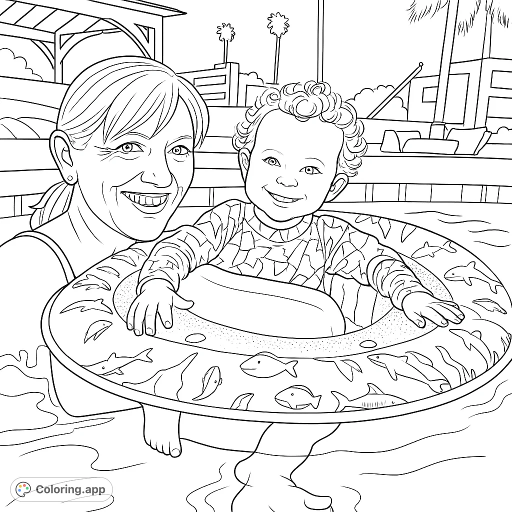 Capture the joy of a poolside moment with an adult and a child in a float. Features a detailed float and a sunny outdoor setting.
