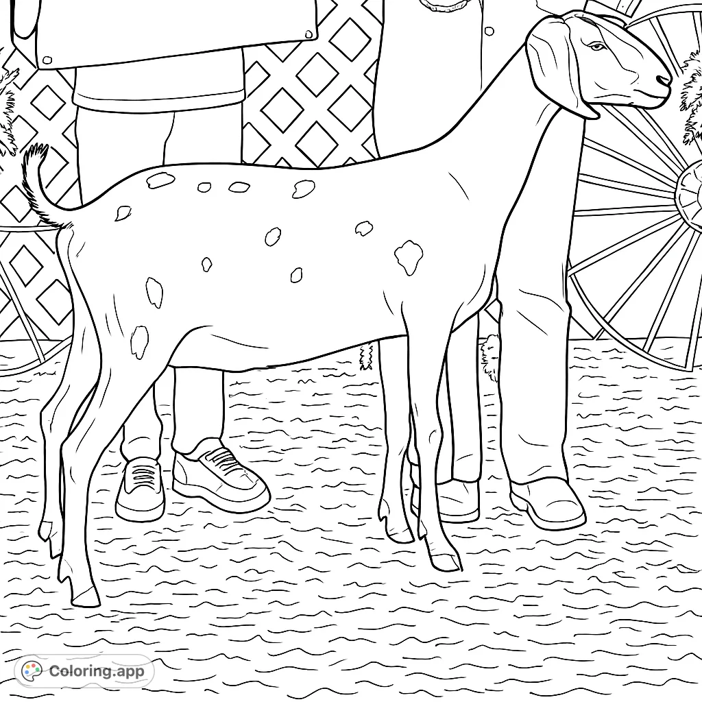 A detailed coloring page featuring a majestic dairy goat standing proudly, with a lattice fence and decorative wheel in the background. Perfect for animal lovers.