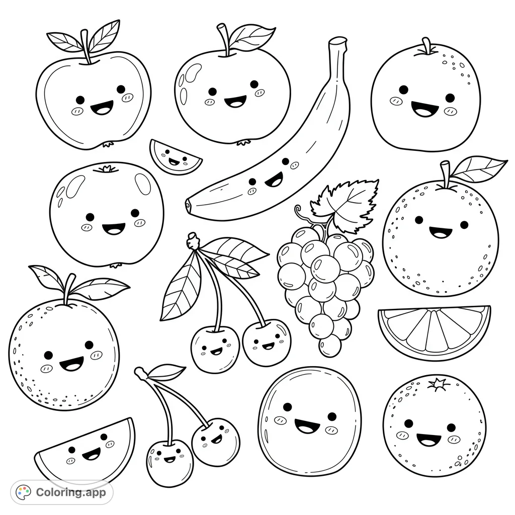 A delightful assortment of various fruits, each featuring a cheerful smiley face, perfect for a fun and engaging coloring experience.